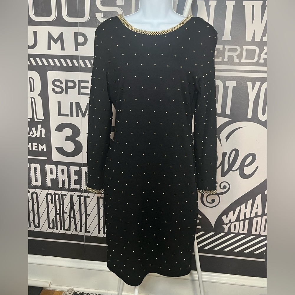 Vintage Hand Beaded Wool Blend Sweater Dress Gold Beads